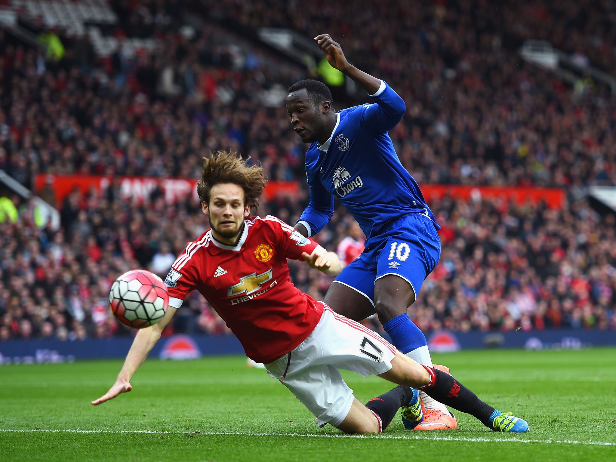 Blind blocks Romelu Lukaku in Sunday's win over Everton (Getty)