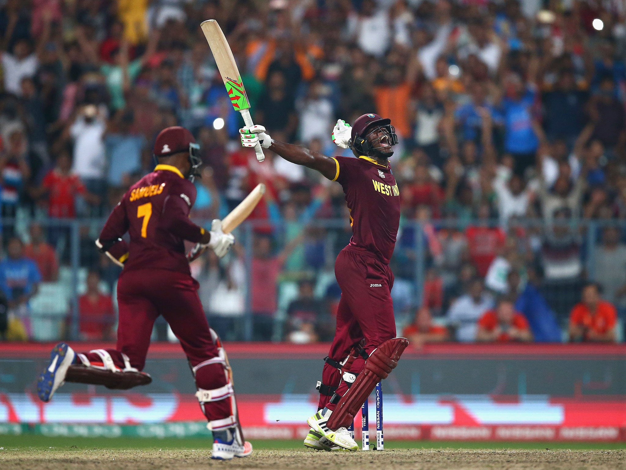 Carlos Brathwaite of the West Indies celebrates hitting the winning runs