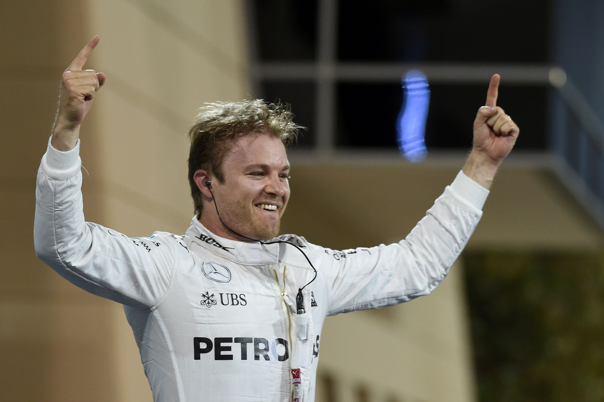 Nico Rosberg celebrates winning the Bahrain Grand Prix