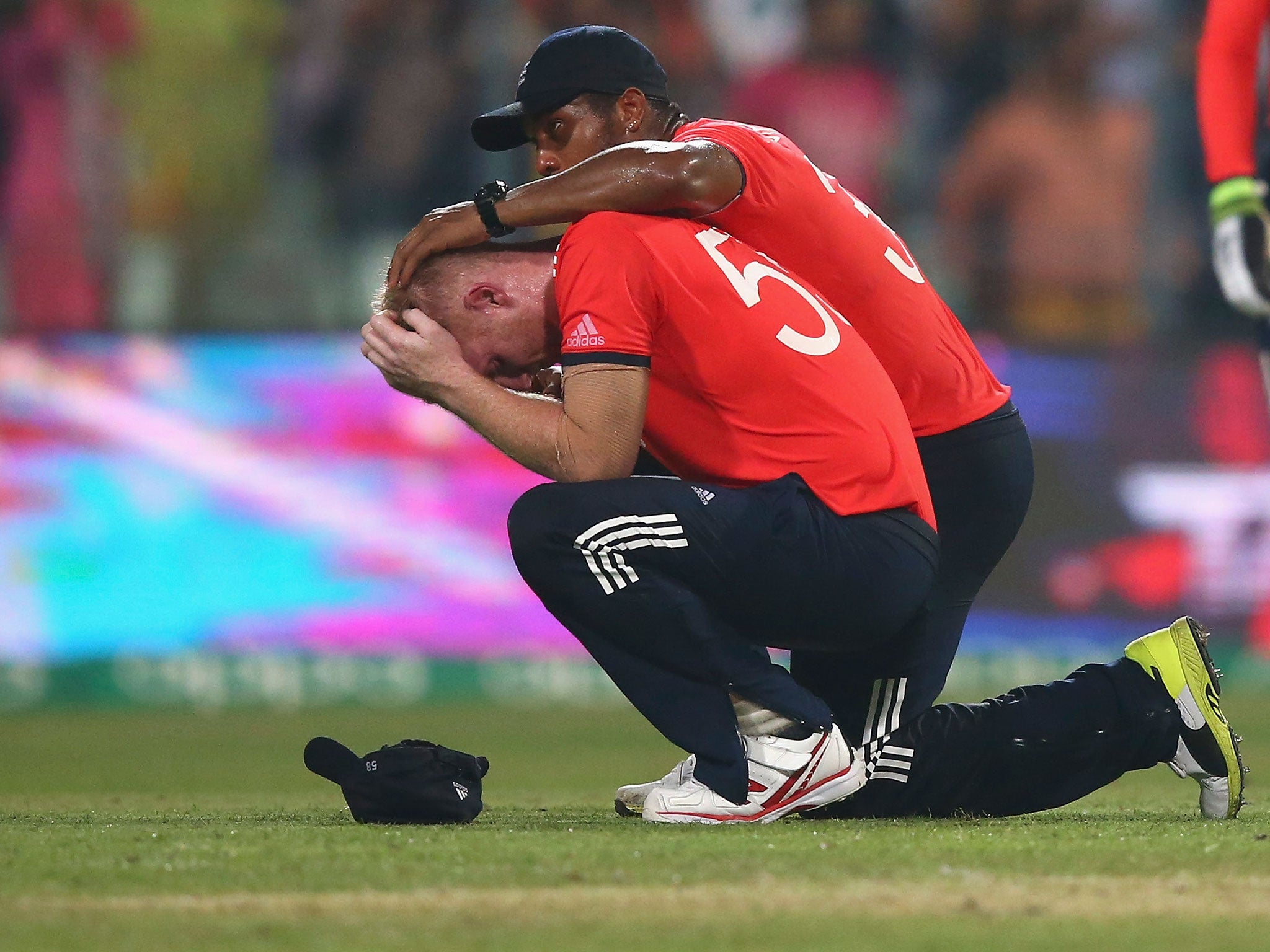 Ben Stokes is comforted after the World T20 final
