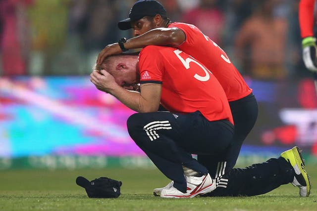 Ben Stokes is comforted after the World T20 final