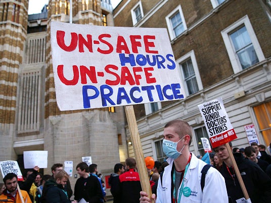 Junior doctors demonstrating in central London in October 2015 – their strike is now on beginning Tuesday January 12th, Getty photo