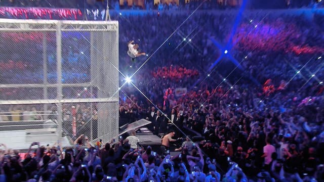 Shane McMahon leaps off the cell in his match with The Undertaker at WrestleMania