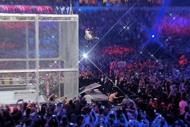Shane McMahon leaps off the cell in his match with The Undertaker at WrestleMania