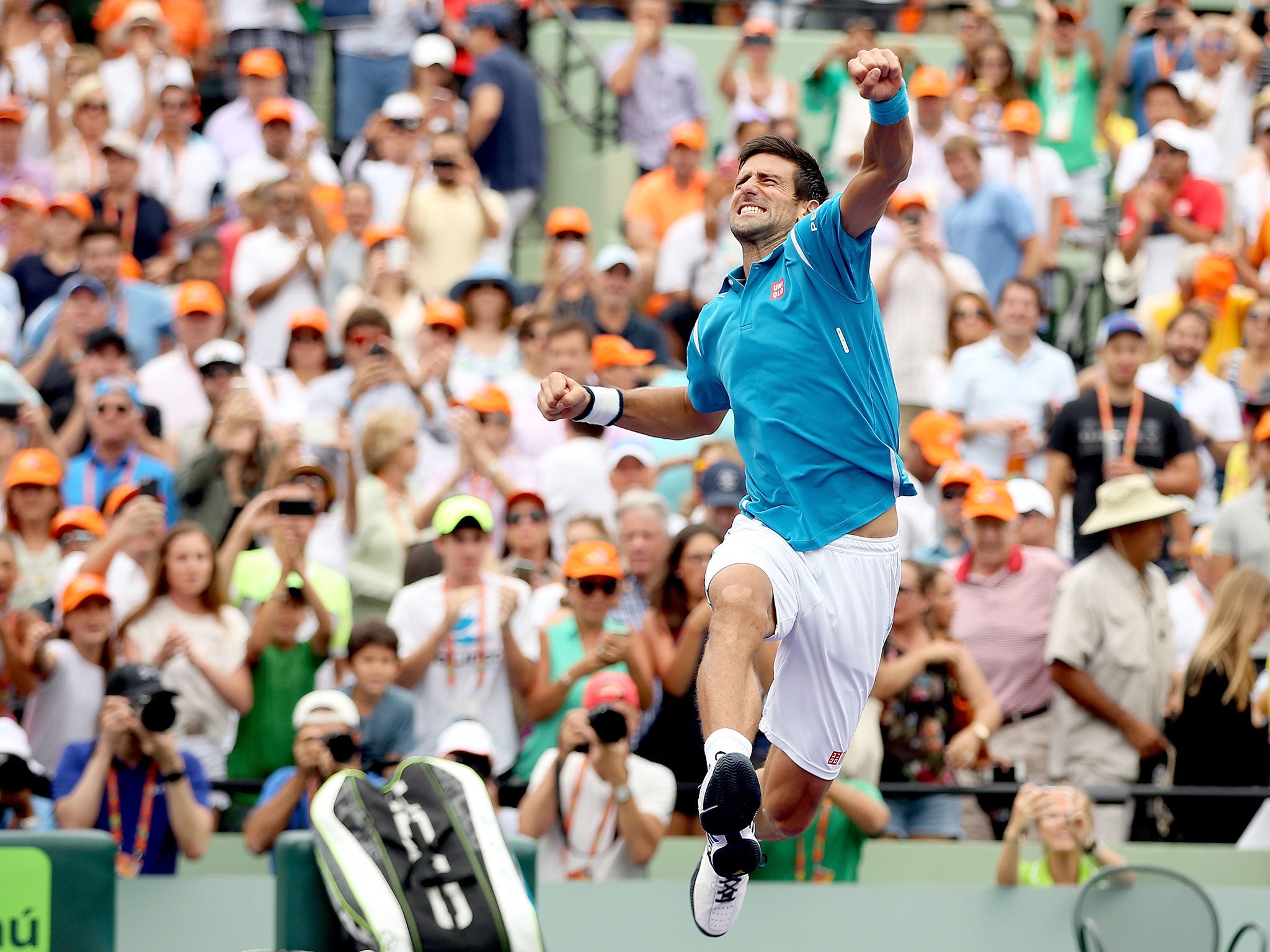 Novak Djokovic celebrates victory in Miami
