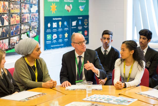 Nick Gibb talking to students at Roundhay School, Leeds