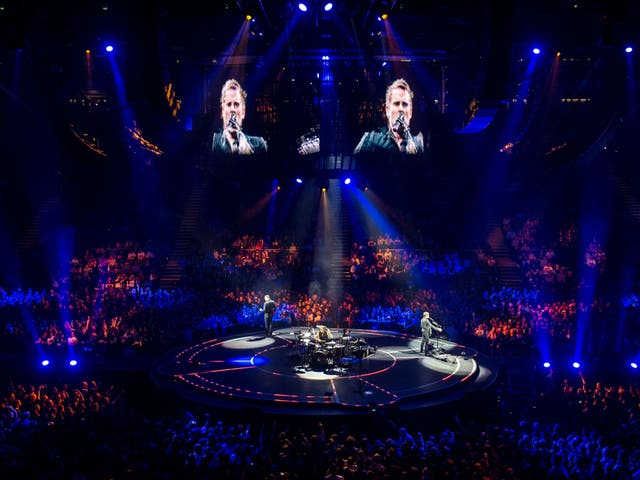 Muse perform songs from their latest album Drones at London's O2 Arena before headlining Glastonbury this summer