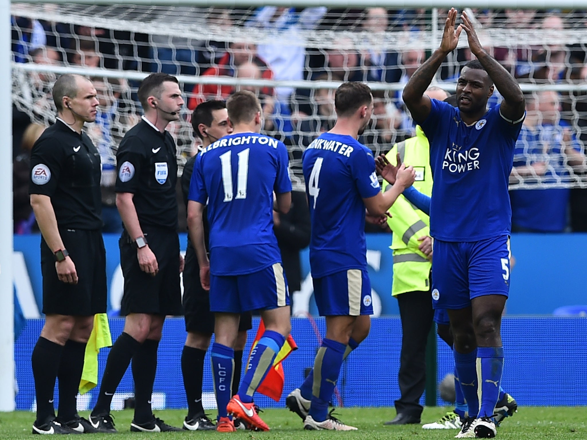 Wes Morgan applauds the King Power's home support after the win over Southampton