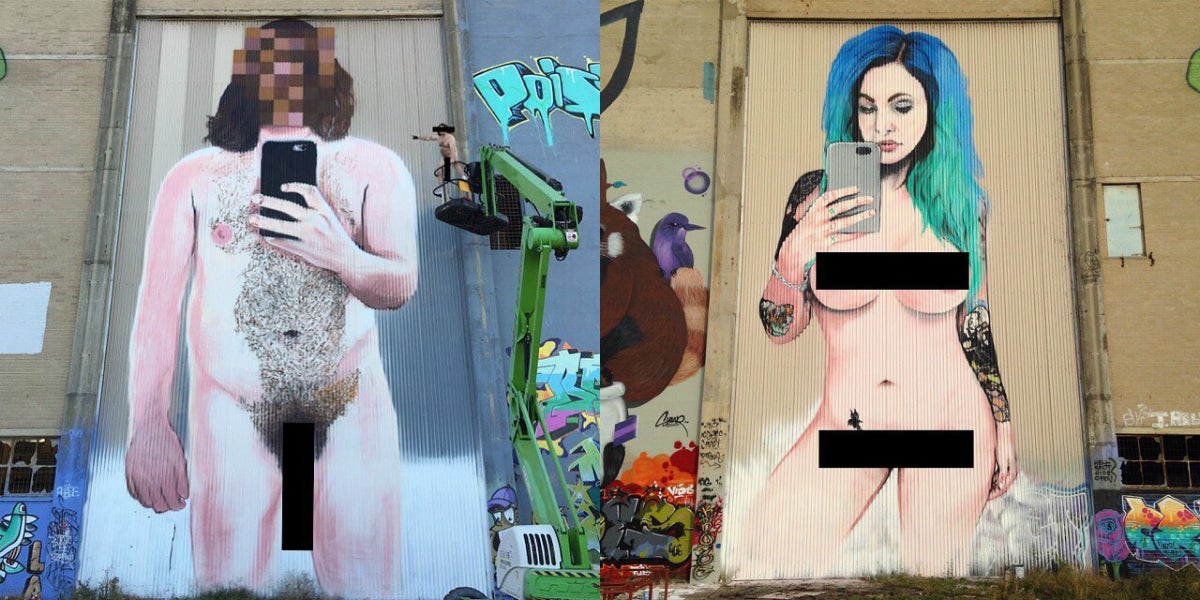 Two naked selfie artworks created by Melbourne street artist Lushsux, painted on the side of Geelong Powerhouse building