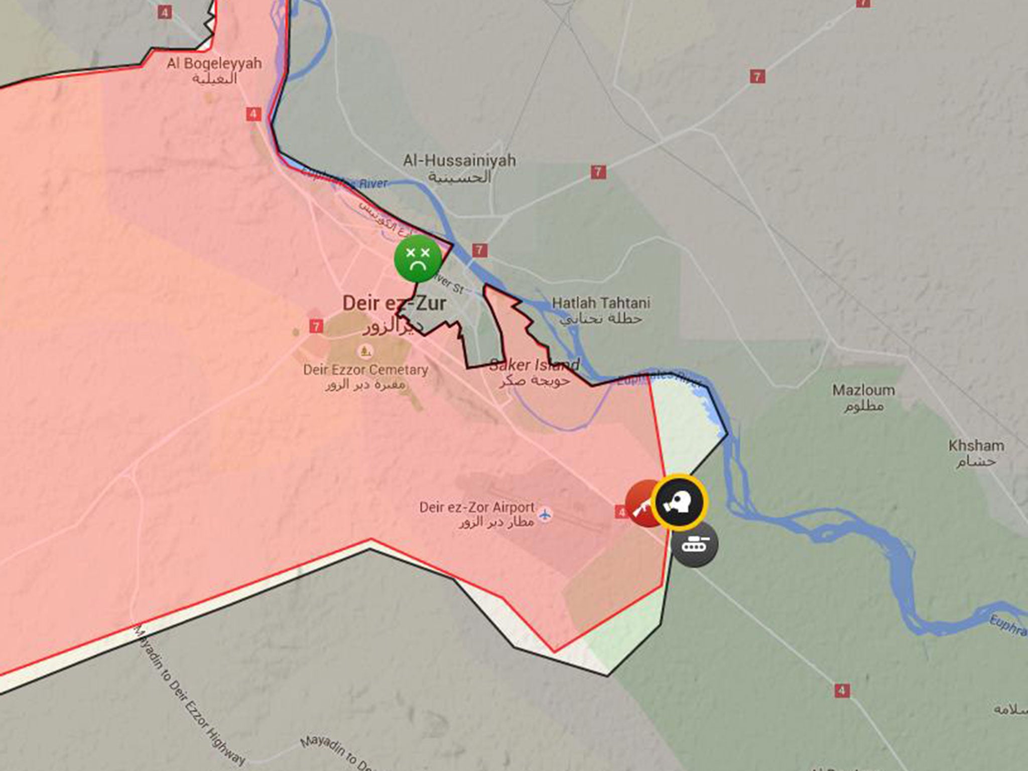 A map showing reported battles in Deir Ezzor on 5 April 2016. The red area denotes Syrian government control, while the grey is Isis.