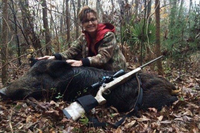 Ms Palin holds the ears of the boar and grins into the camera to encourage Trump voters