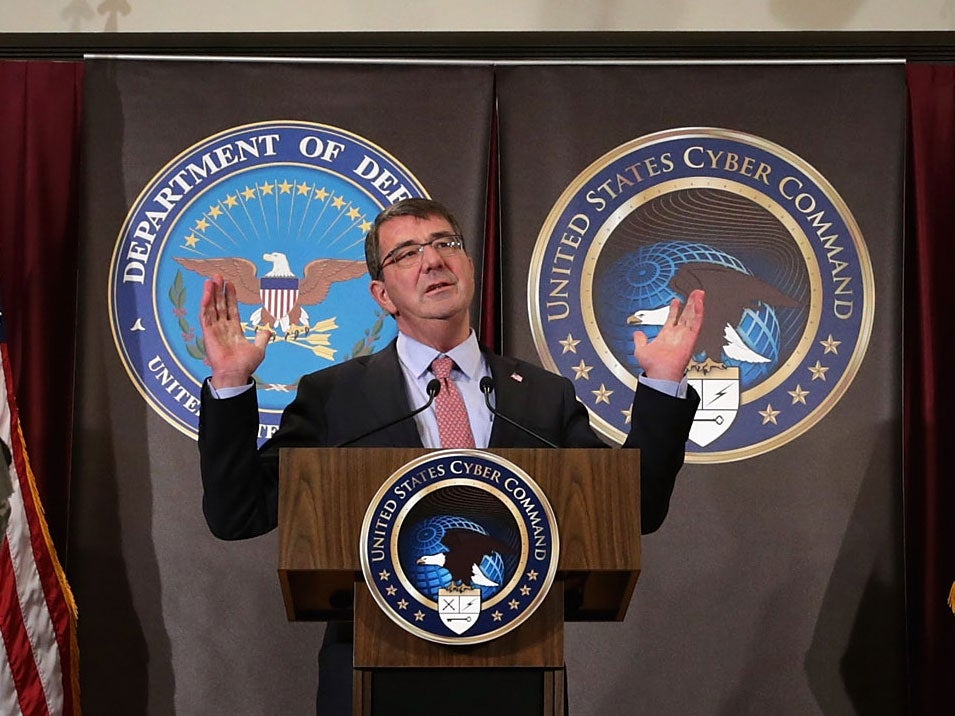 US Secretary of Defence Ashton Carter speaks to Cyber Command troops at the group's headquarters at Fort Meade, Maryland