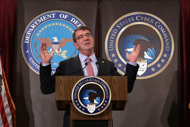 US Secretary of Defence Ashton Carter speaks to Cyber Command troops at the group's headquarters at Fort Meade, Maryland