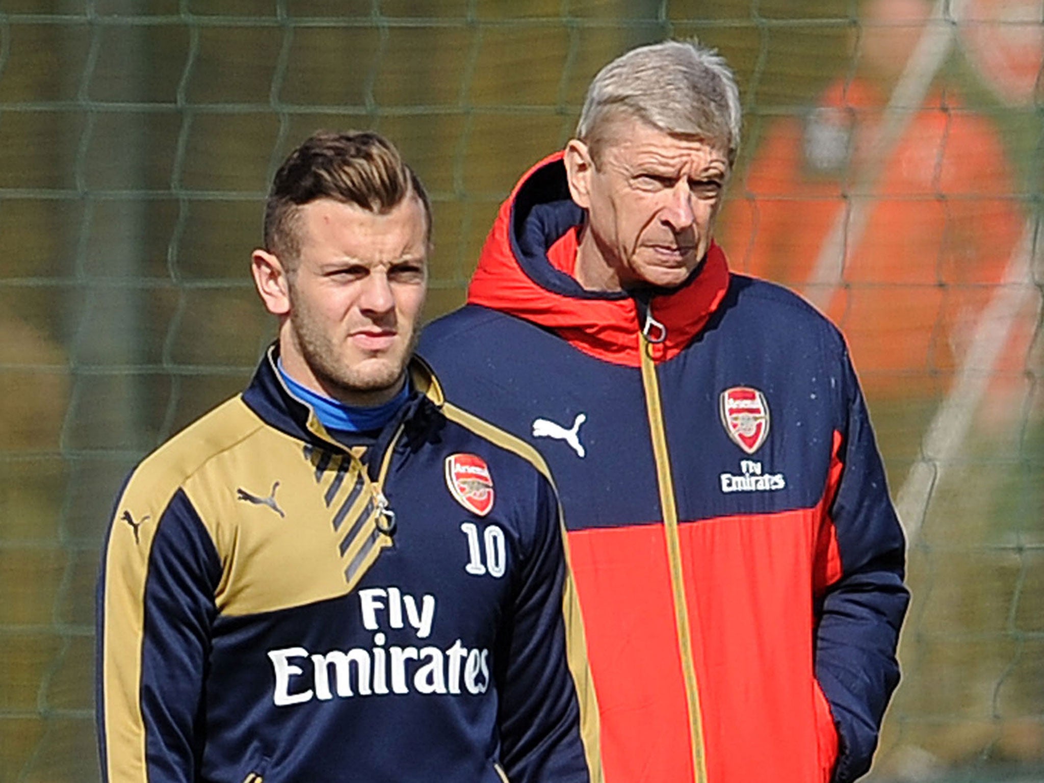 Jack Wilshere and Arsene Wenger during Arsenal training