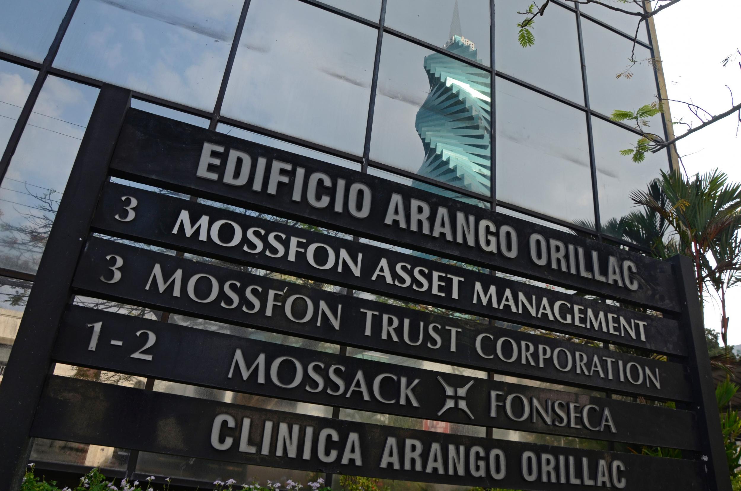 View of a sign outside the building where Panama-based Mossack Fonseca law firm offices are placed in Panama City