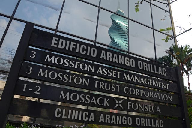 View of a sign outside the building where Panama-based Mossack Fonseca law firm offices are placed in Panama City