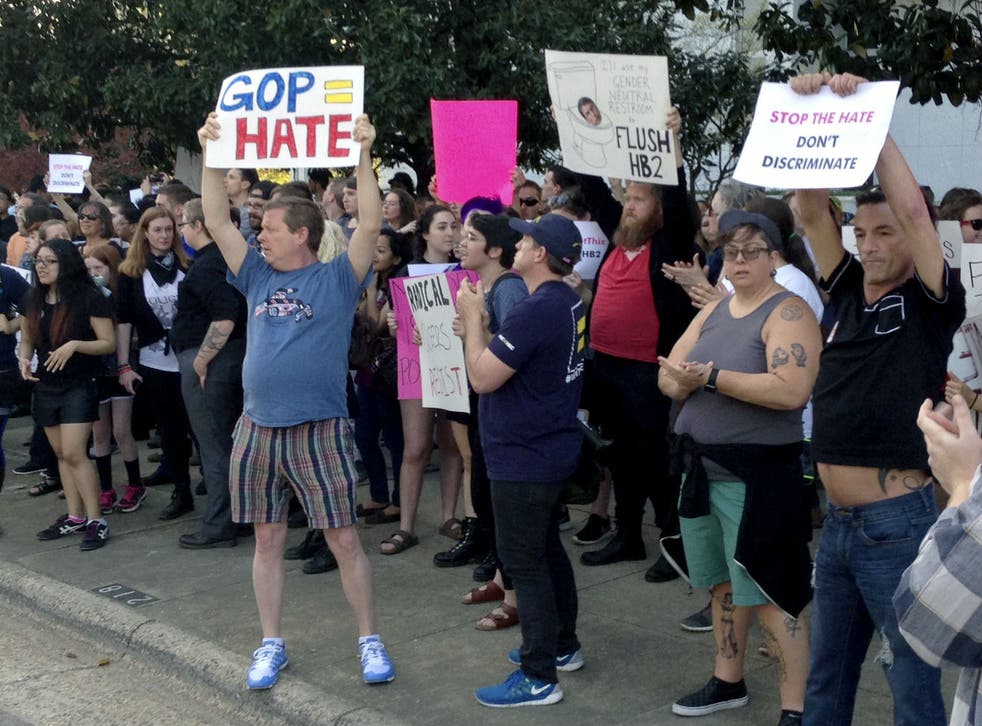People gather to protest the anti-LGBT law in North Carolina