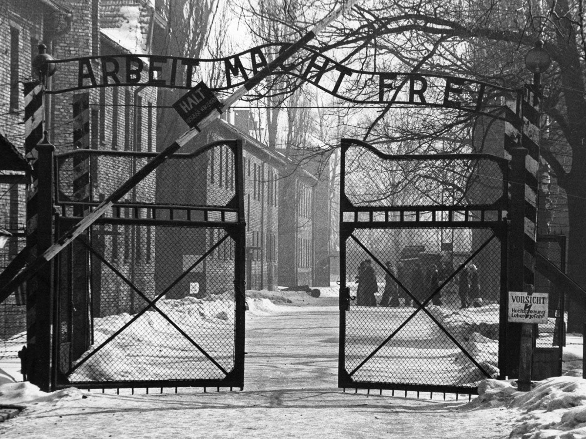 The gates, circa 1965, of the Nazi concentration camp at Auschwitz in occupied Poland
