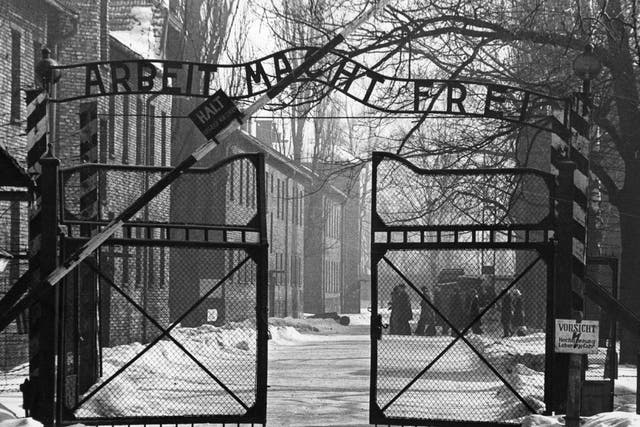 The gates, circa 1965, of the Nazi concentration camp at Auschwitz in occupied Poland