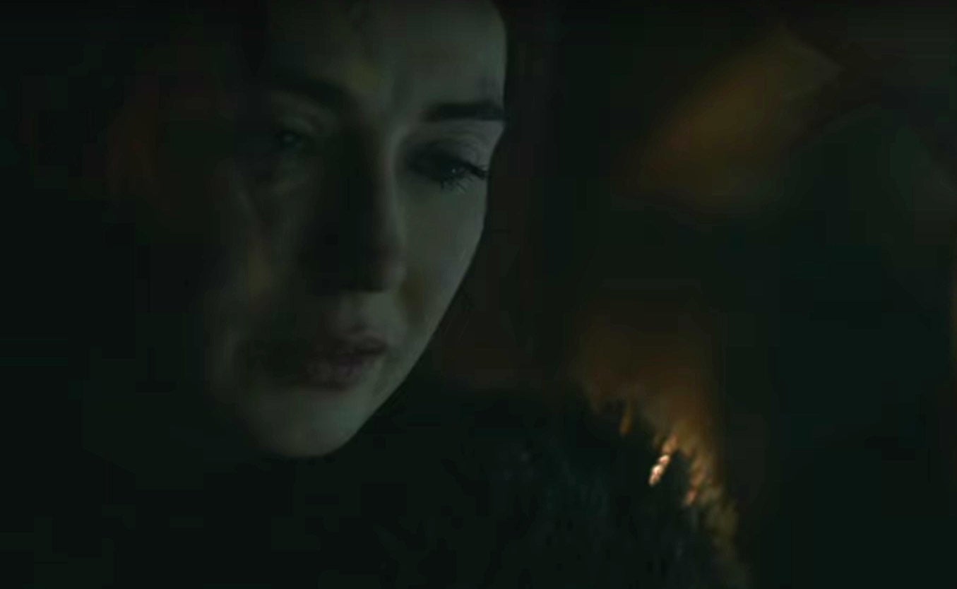 Melisandre not looking too happy about Stannis/Jon's death in the season 6 trailer