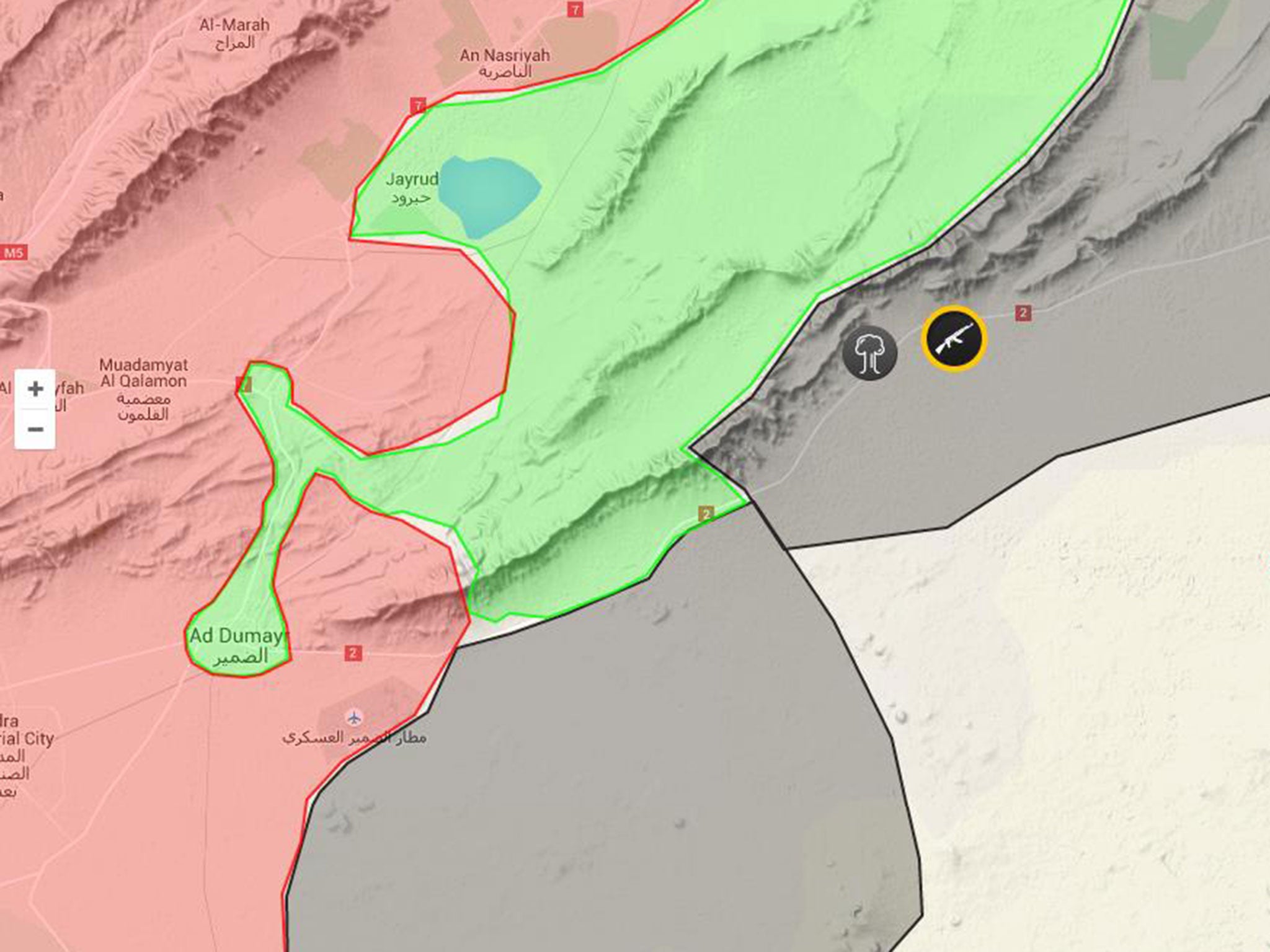 The black symbols show the location of fighting at the factory, which lies on the frontline between Syrian government forces (red), rebels (green) and Isis (black)