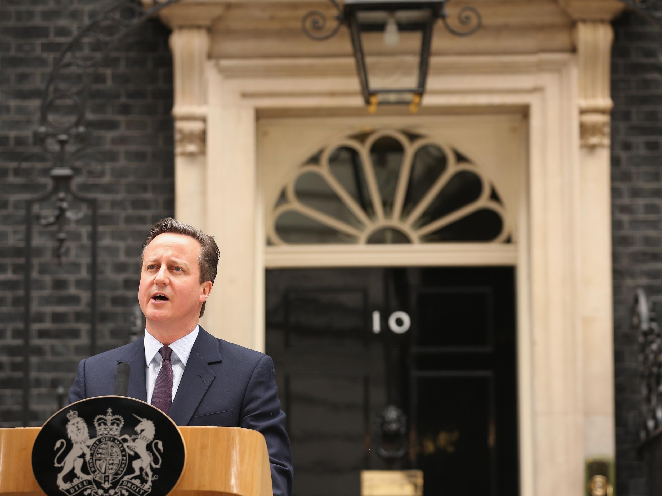British Prime Minister David Cameron delivers a speech outside10 Downing Street on May 8, 2015 in London, England