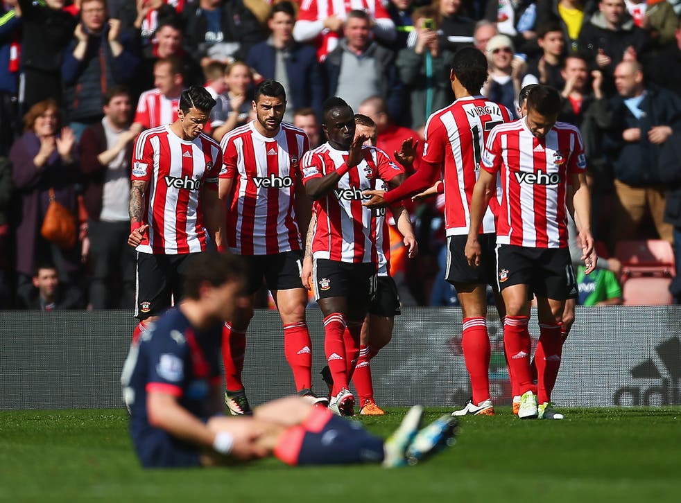 Graziano Pelle celebrates with his Southampton team-mates after scoring against Newcastle 