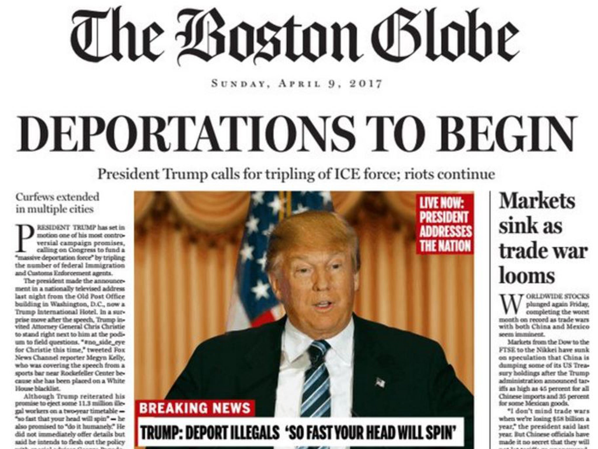 Donald Trump's campaign promises are imagined as actual policy in the mocked-up front page
