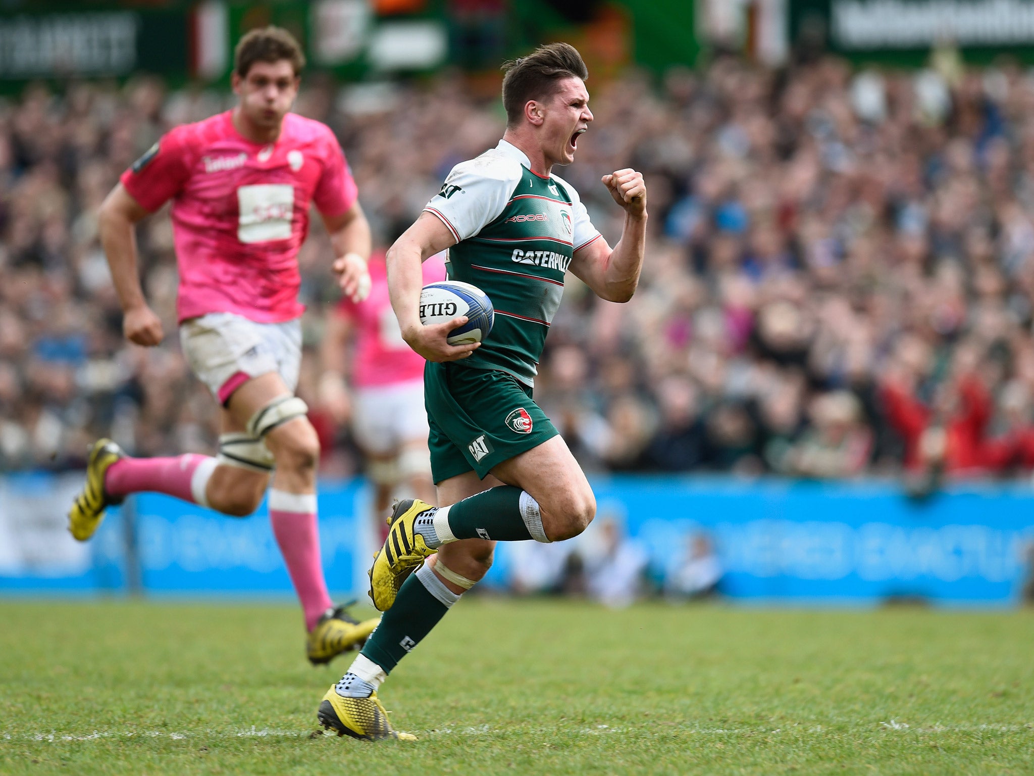 Freddie Burns roars with delight as he runs in for a try