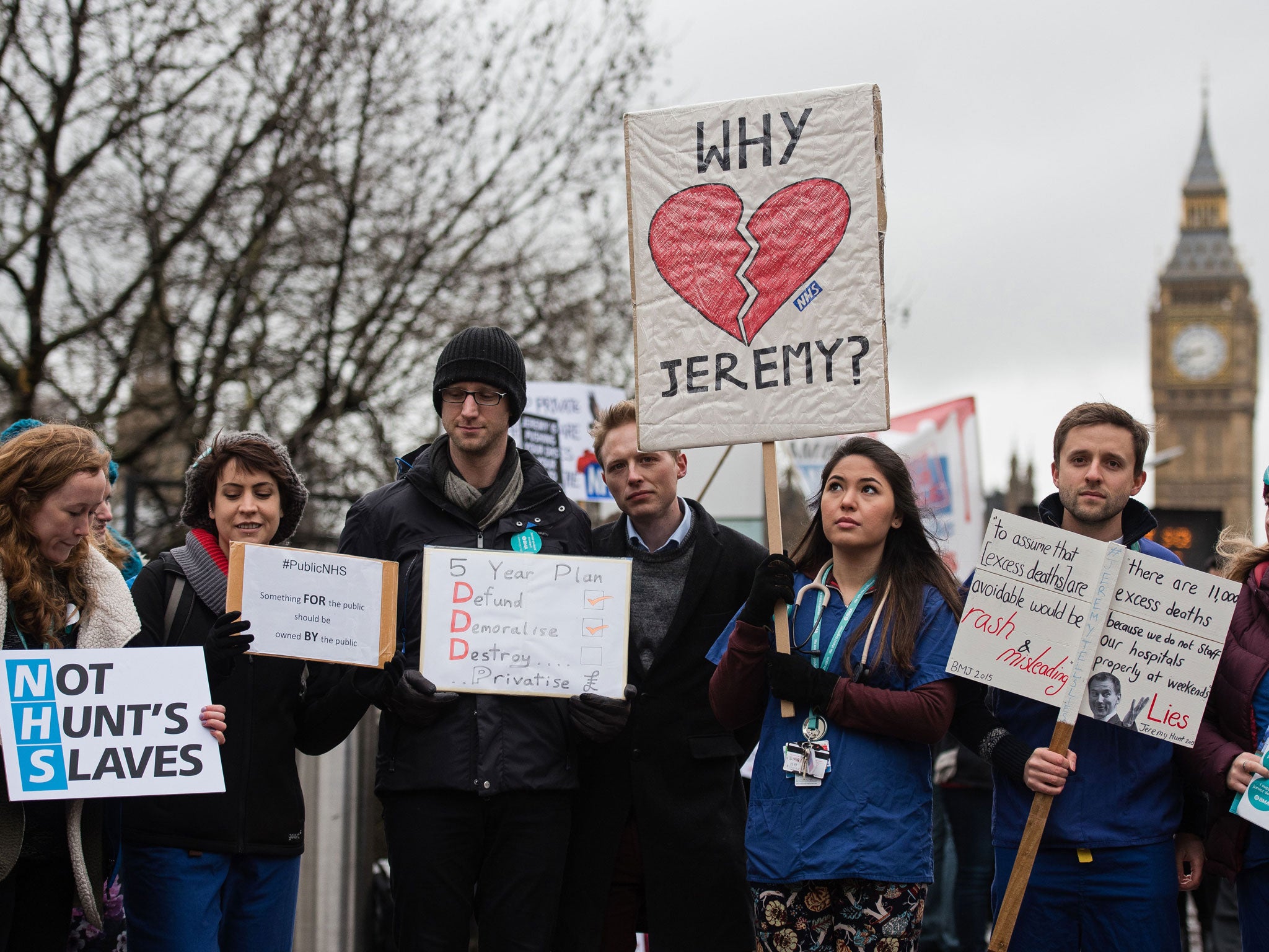 Junior doctors protest with banners outside St Thomas’ Hospital in 2016