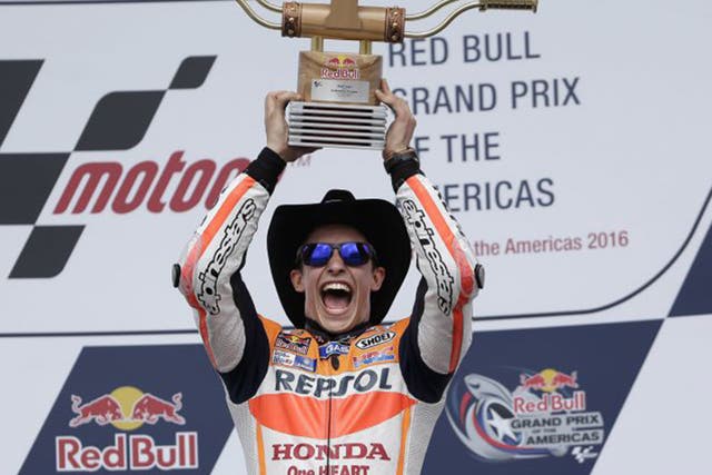 Marc Marquez celebrates winning the MotoGP Grand Prix of America
