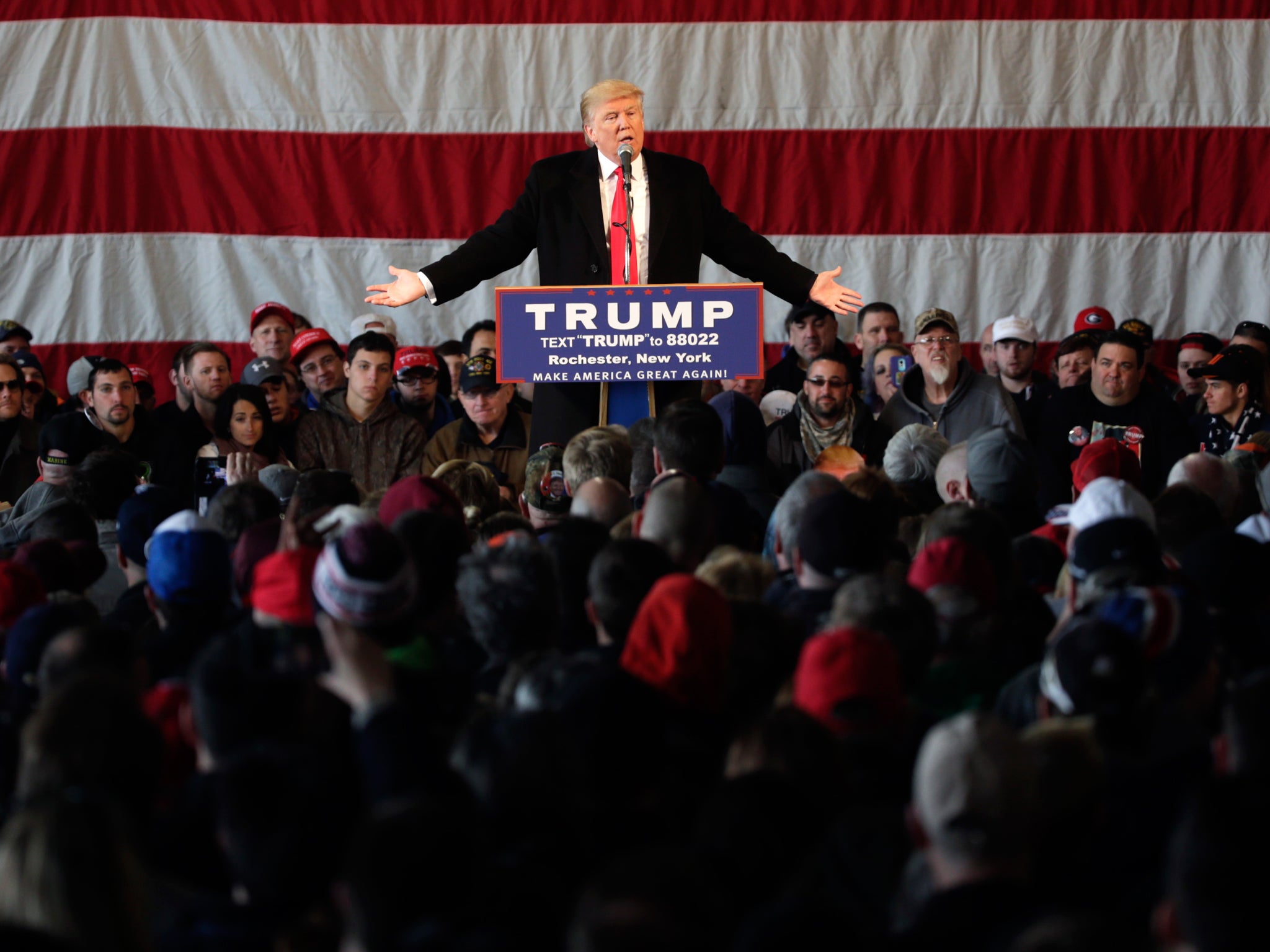 Mr Trump speaks at a campaign event in Rochester, New York AP