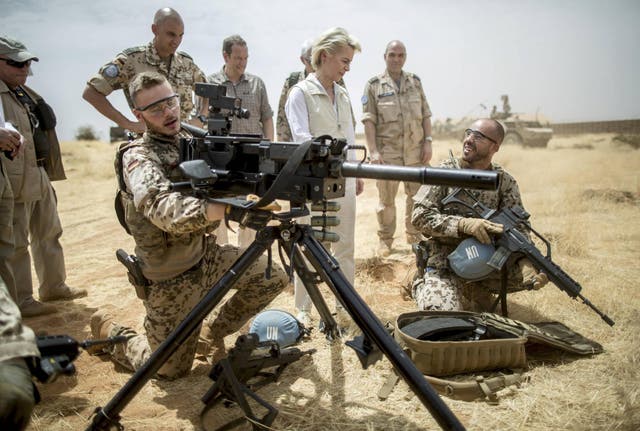 German Defence Minister Ursula von der Leyen speaks with soldiers of German contingent as she visits Camp Castor in Gao, Mali