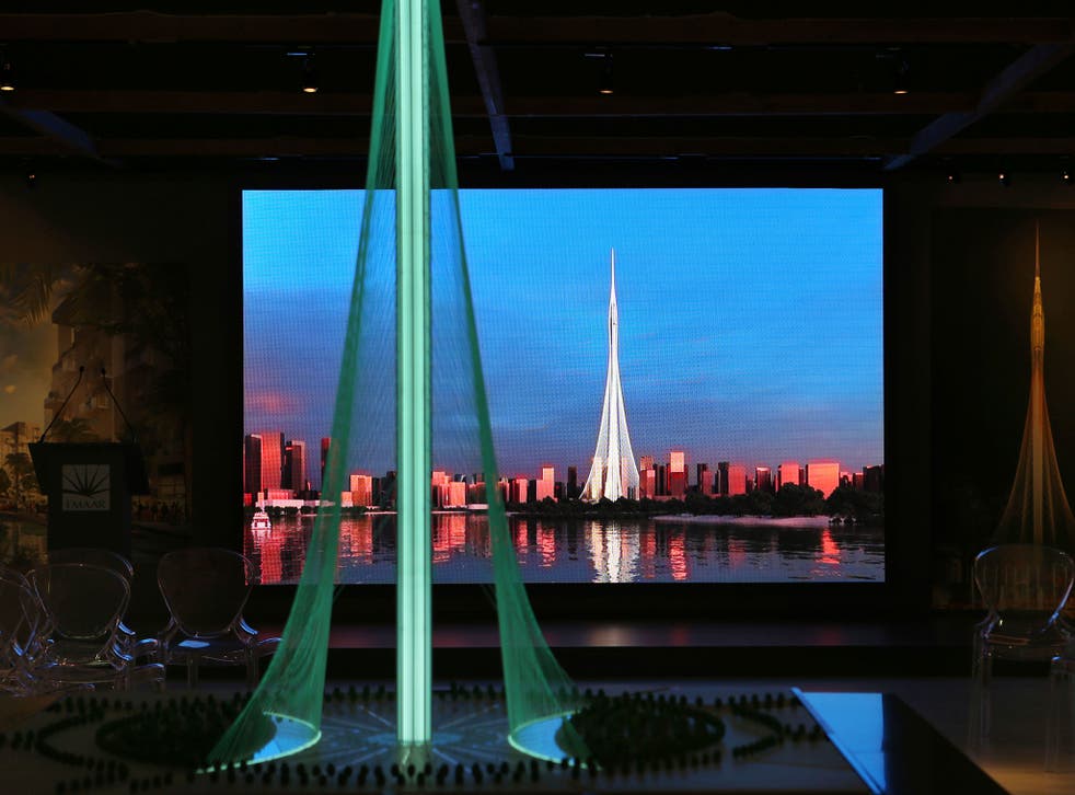 A model of the Tower Project at Dubai Creek Harbour Development designed by Spanish-Swiss architect Santiago Calatrava Valls, in Dubai