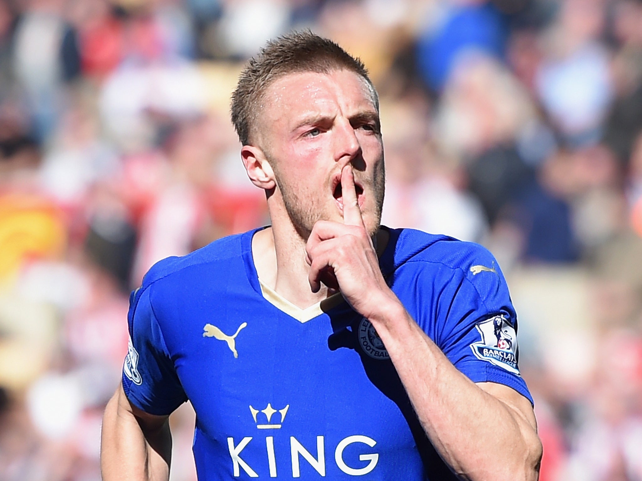 Vardy wheels away after scoring at the Stadium of Light (Getty)