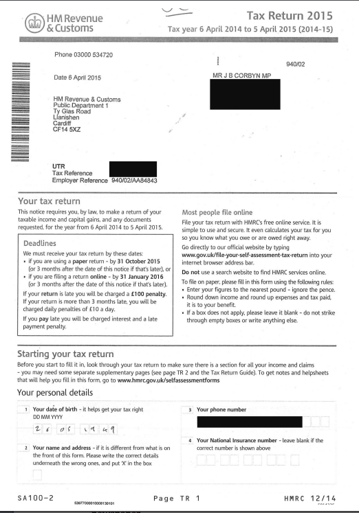 The first page of Mr Corbyn's tax return