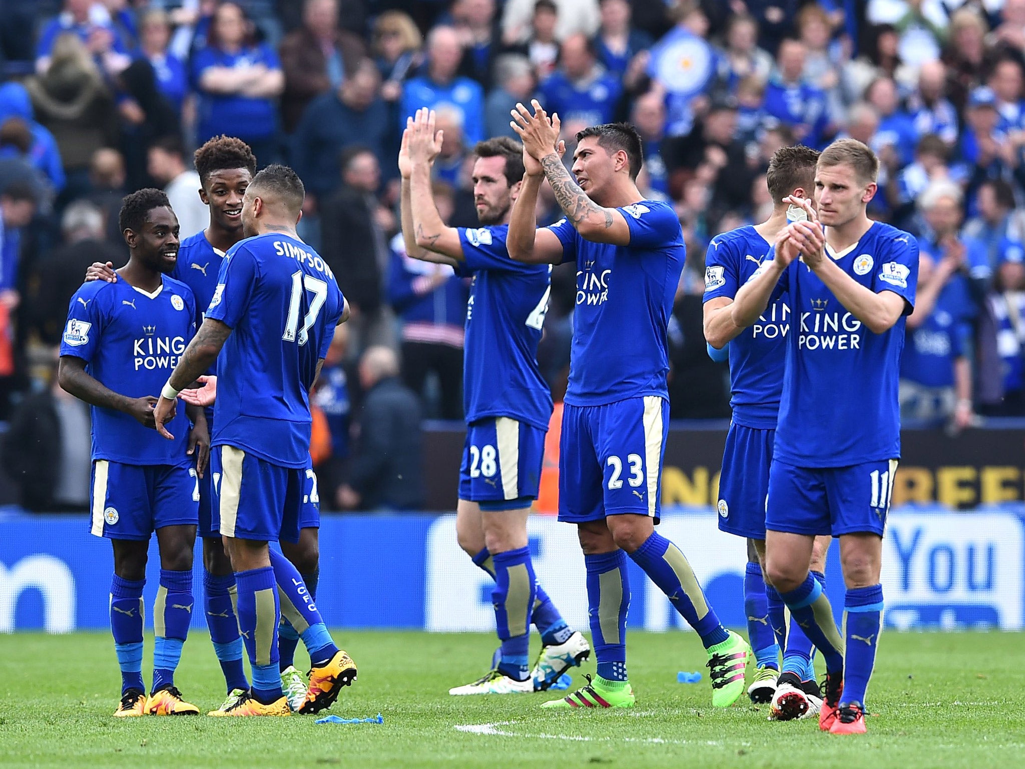 Leicester players applaud the fans after their 2-0 win over Sunderland (Getty)