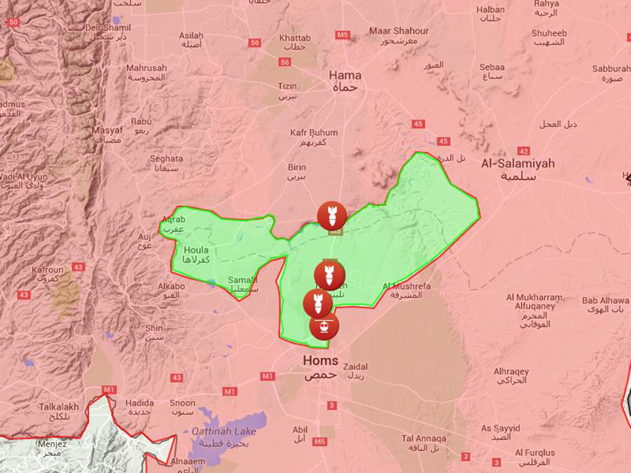 The helicopter icon shows the reported location of the Russian helicopter crash. Rebel-held territory is shown in green and regime areas in red.