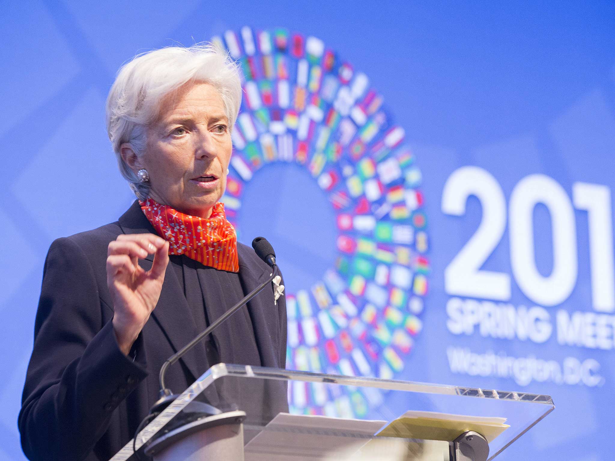International Monetary Fund Managing Director Christine Lagarde delivers introductory remarks at the "Financial Inclusion: Macroeconomic and Regulatory Challenges" seminar at the IMF Headquarter in Washington