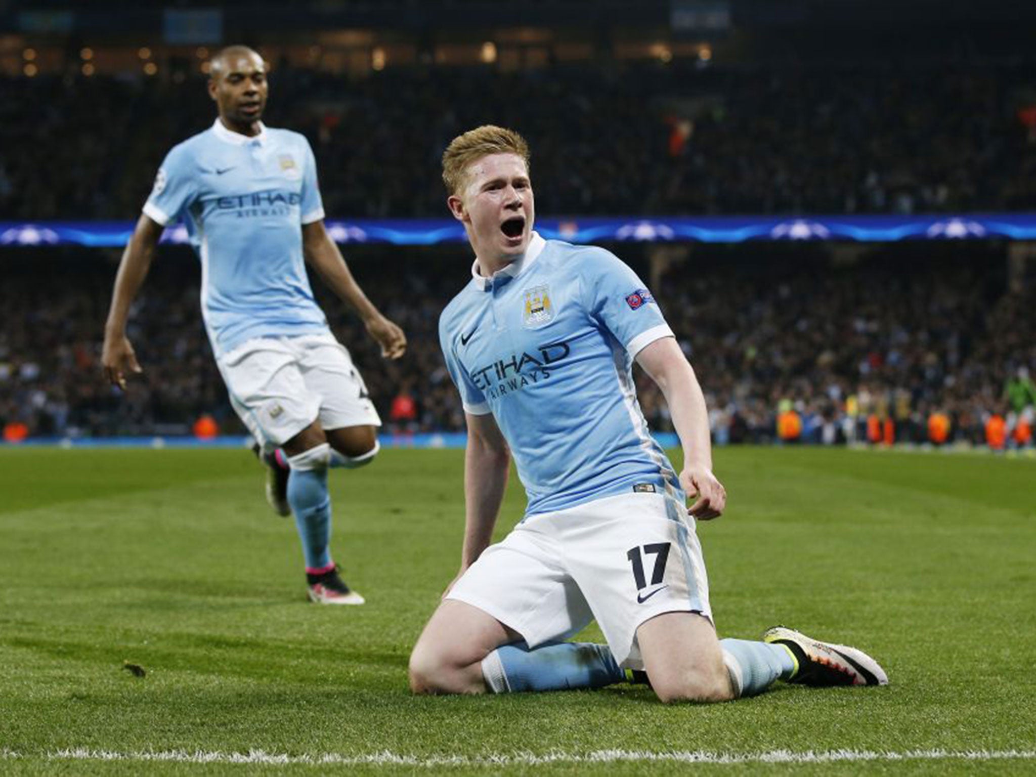 Kevin De Bruyne celebrates scoring the only goal at the Etihad