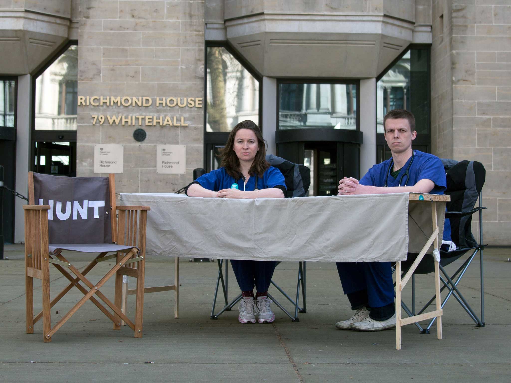 Dr Rachel Clarke and Dr Dagan Lonsdale take up their positions outside the DoH