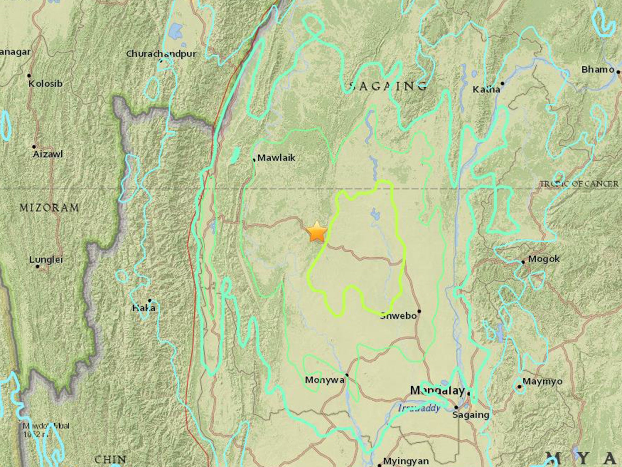 The epicentre of the earthquake in Burma on 13 April 2016
