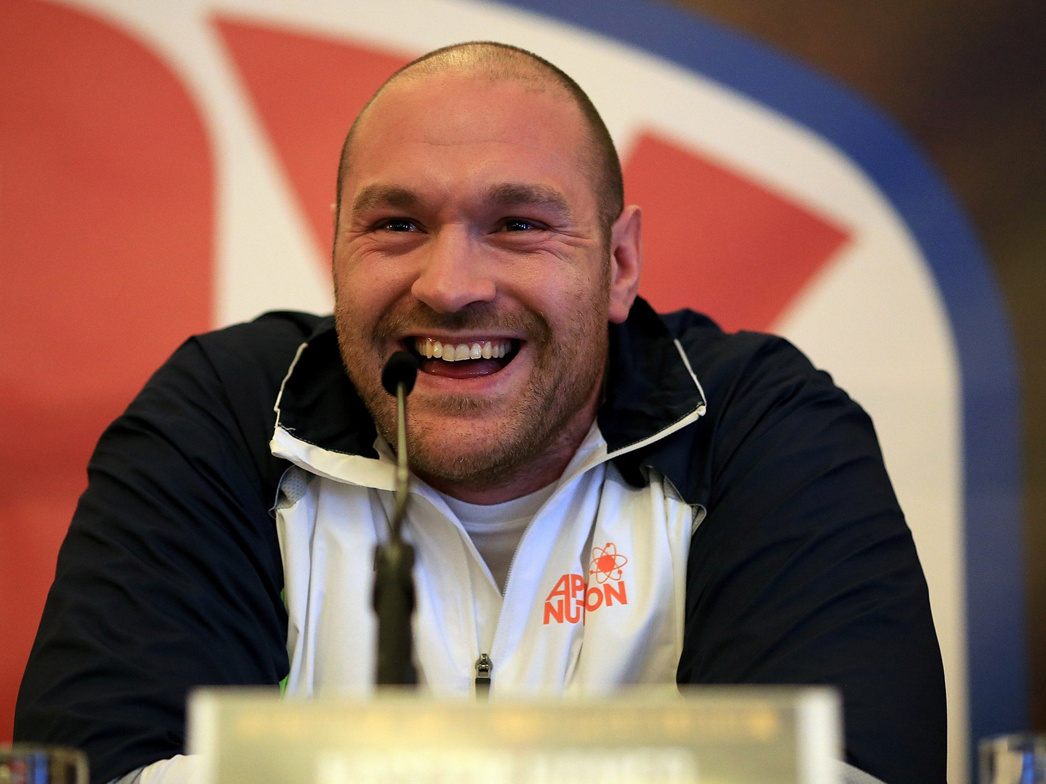 Tyson Fury speaks at a press conference to announce the venue of his rematch with Wladimir Klitschko