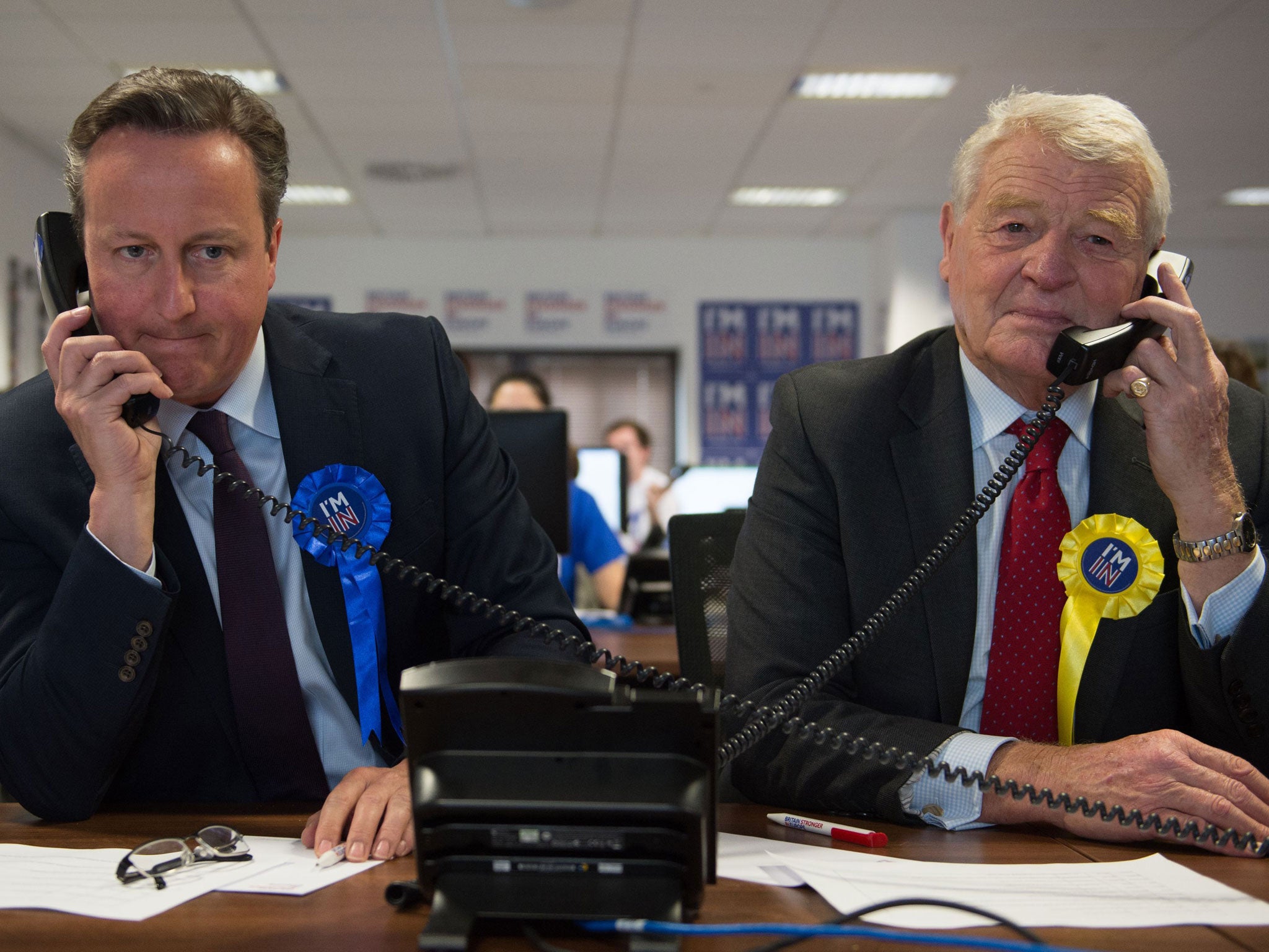 Prime Minister David Cameron helps to campaign for a 'Remain' vote in the forthcoming EU referendum at a phone centre in London along with fellow pro EU campaigners, Lord Ashdown
