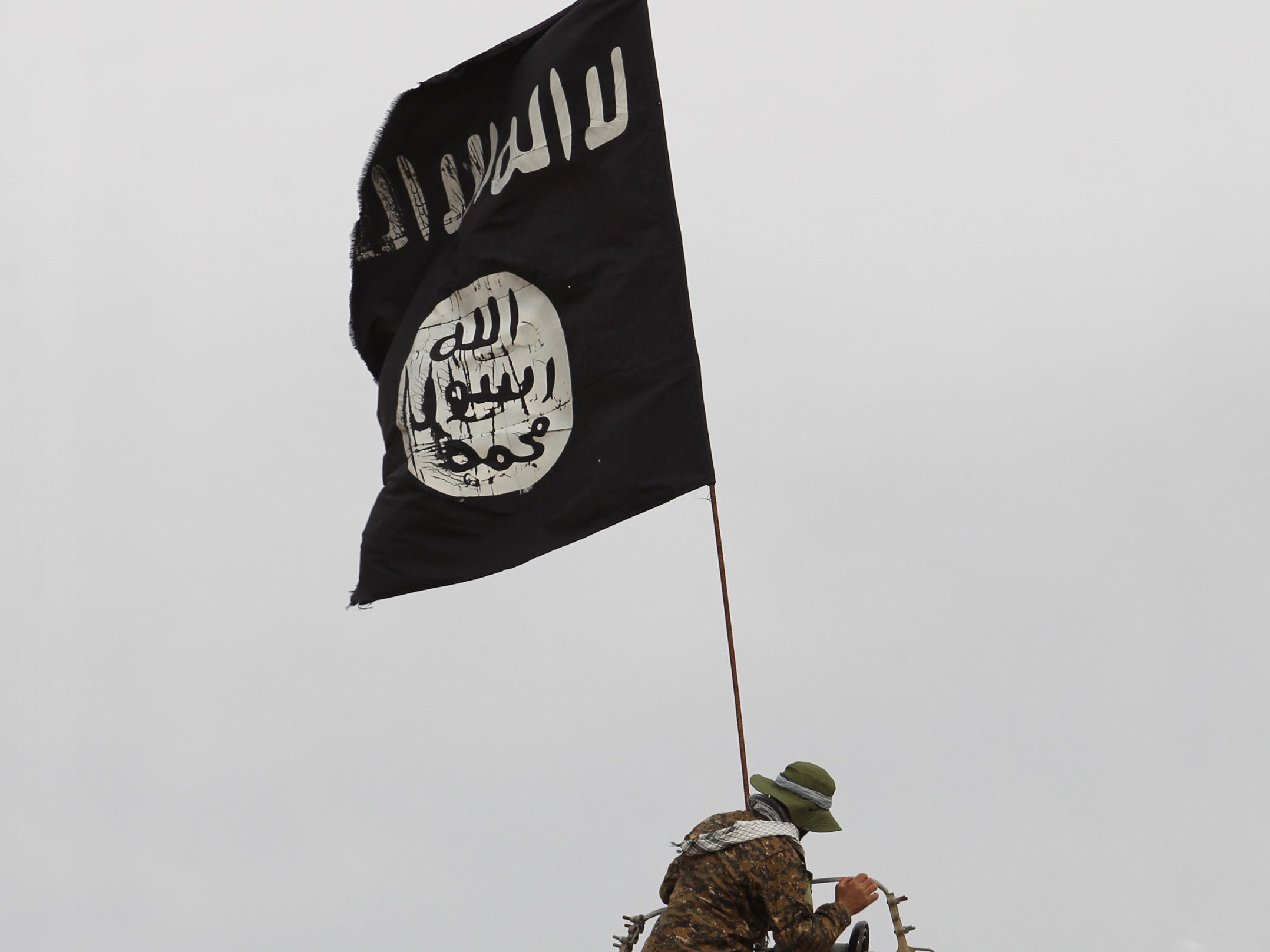 An Iraqi Shiite fighter removes the flag of Isis from a telephone pole in the desert of Samarra