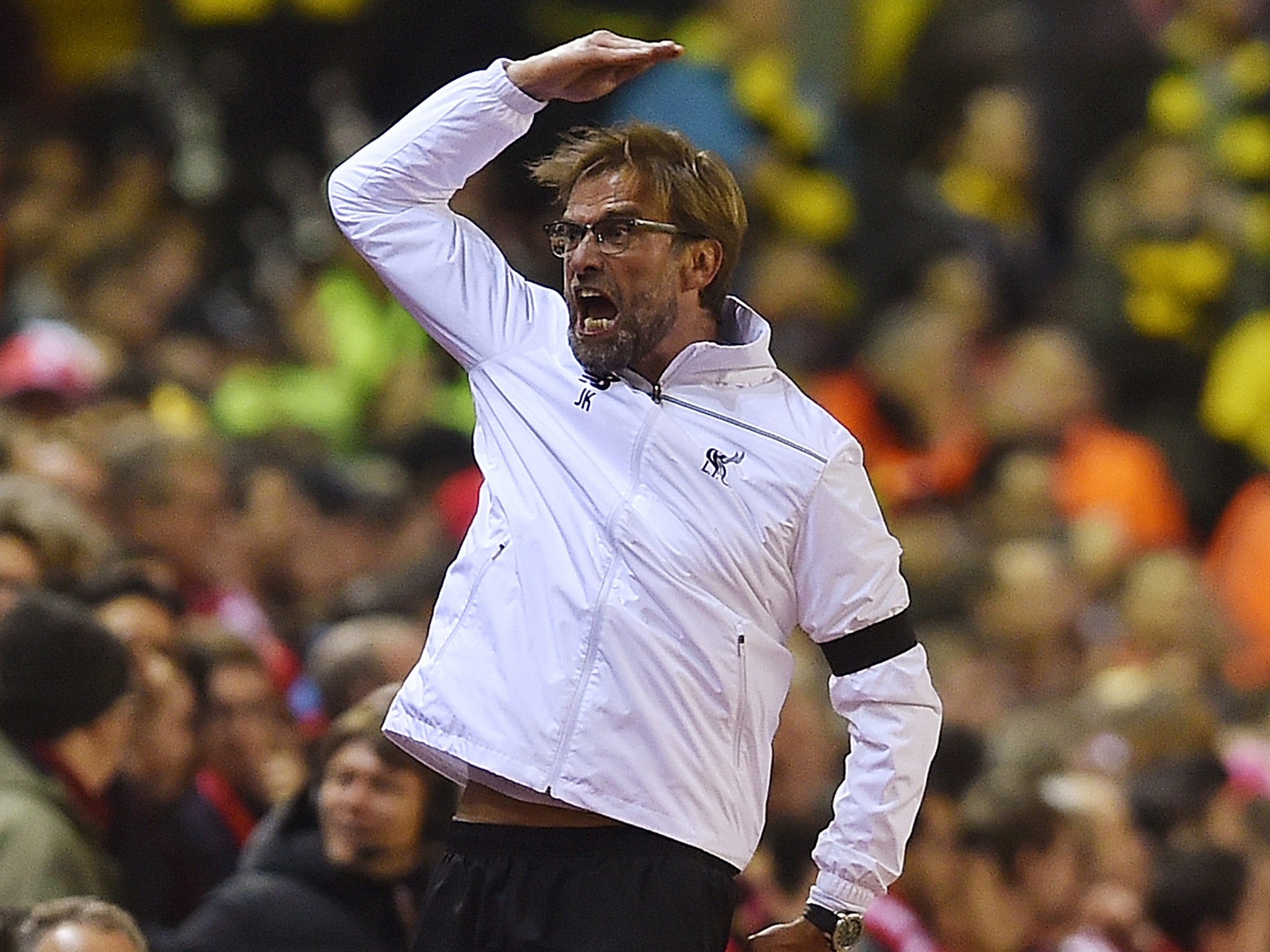 Jurgen Klopp celebrates after Liverpool take a 4-3 lead over Borussia Dortmund