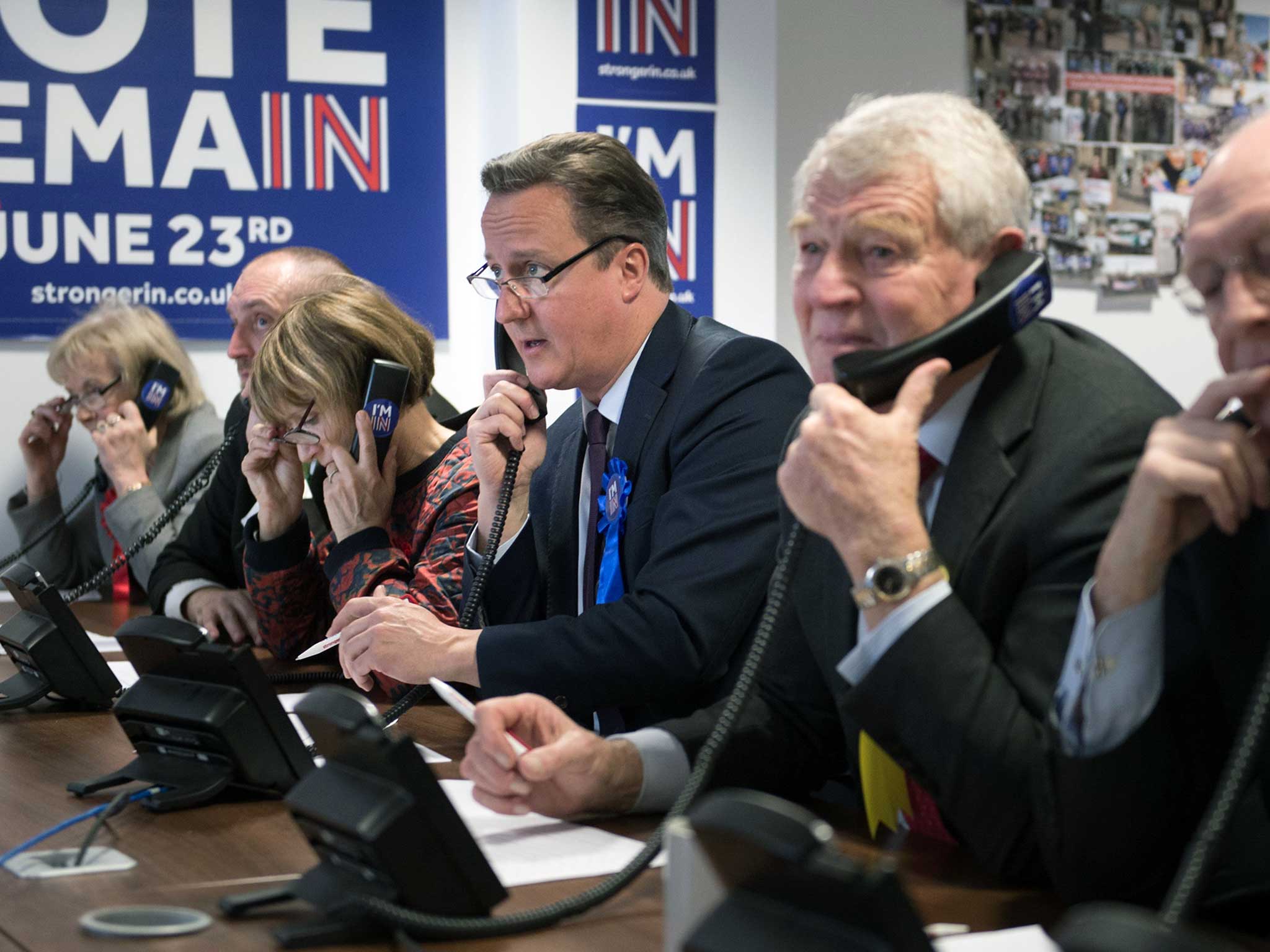 David Cameron helps to campaign for a 'Remain' vote in the forthcoming EU referendum at a phone centre in London along with fellow pro EU campaigners, Lord Ashdown, Lord Kinnock and Tessa Jowell