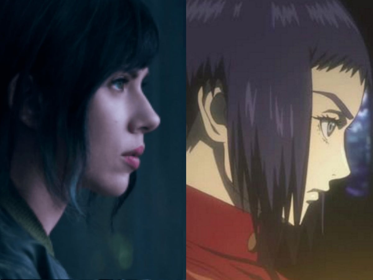 Image of Scarlett Johansson in Ghost in the Shell next to the animate character she is portraying.