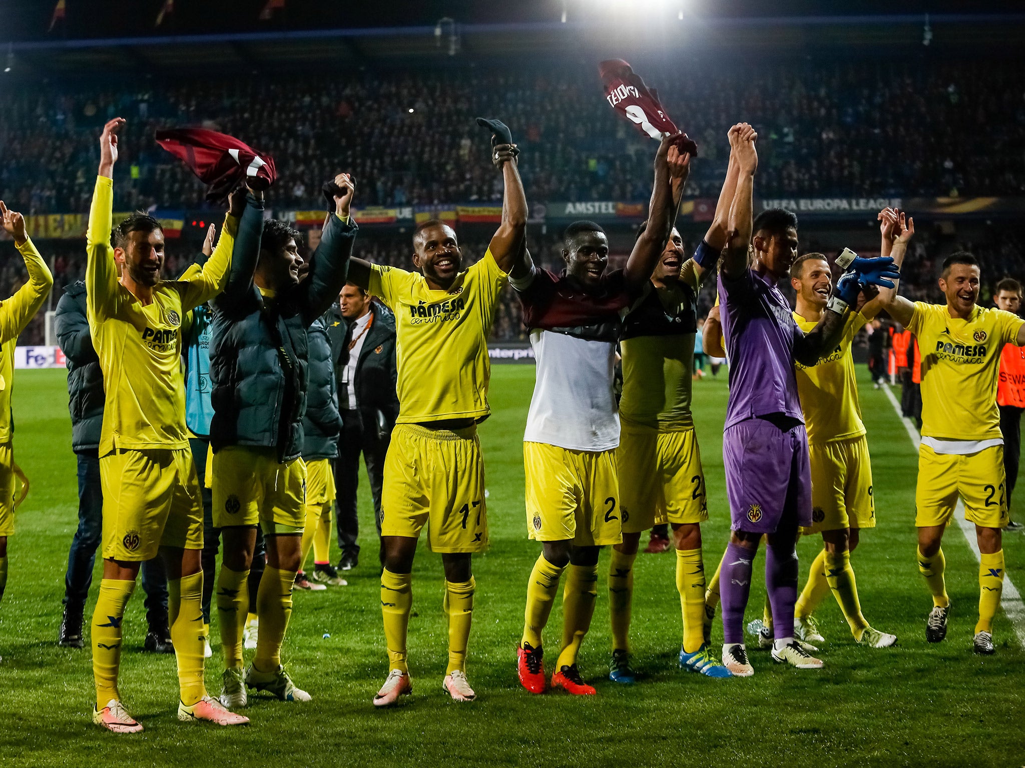 Villarreal players celebrate beating Sparta Prague to reach the Europa League semi-finals