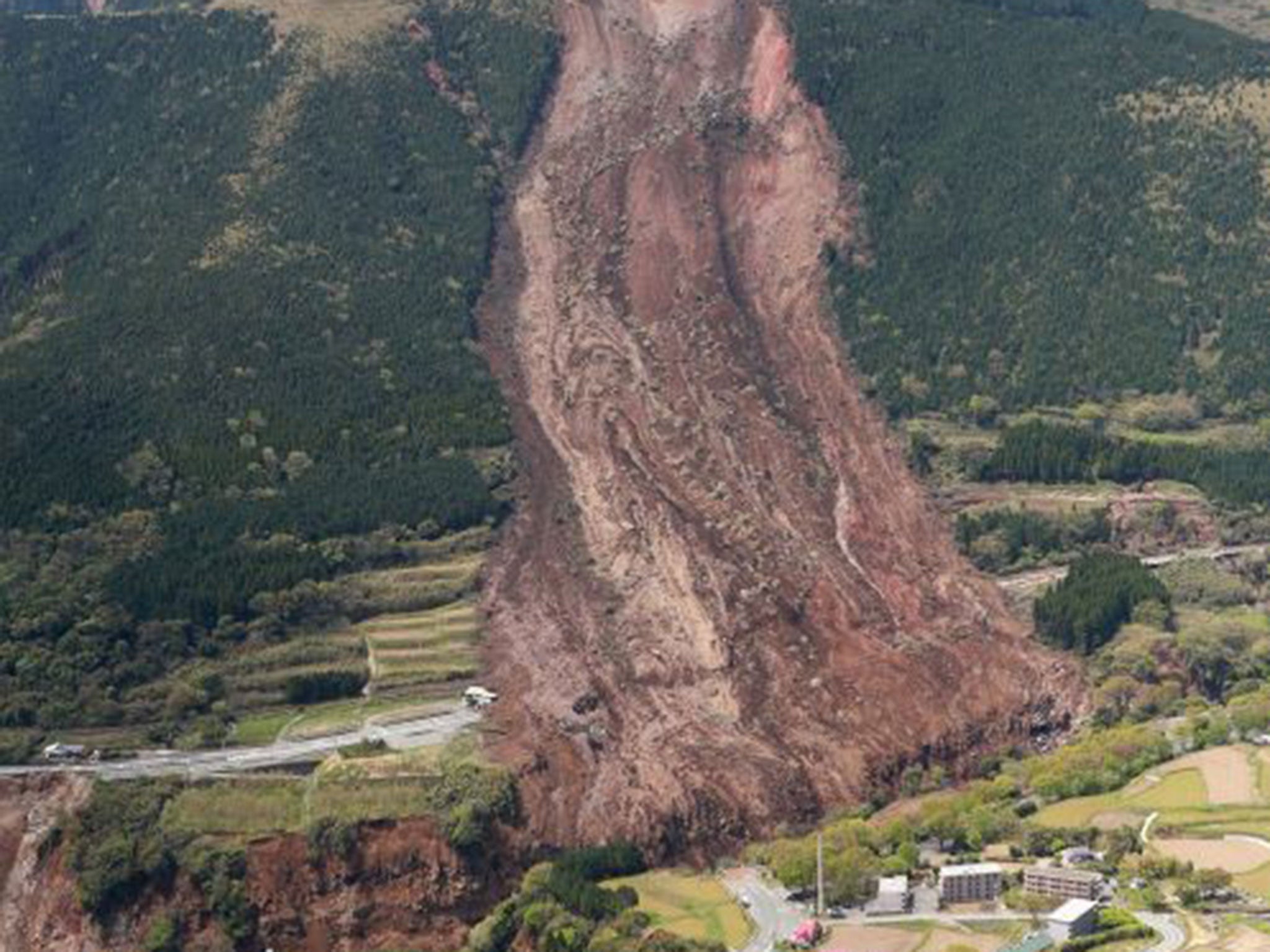 The landslide in Minamiaso , Kumamoto, caused by the earthquake.